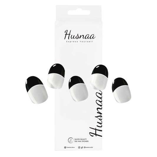 Black French Tips (Glitz) | Semi - cured Gel Nail Strips - Husnaa